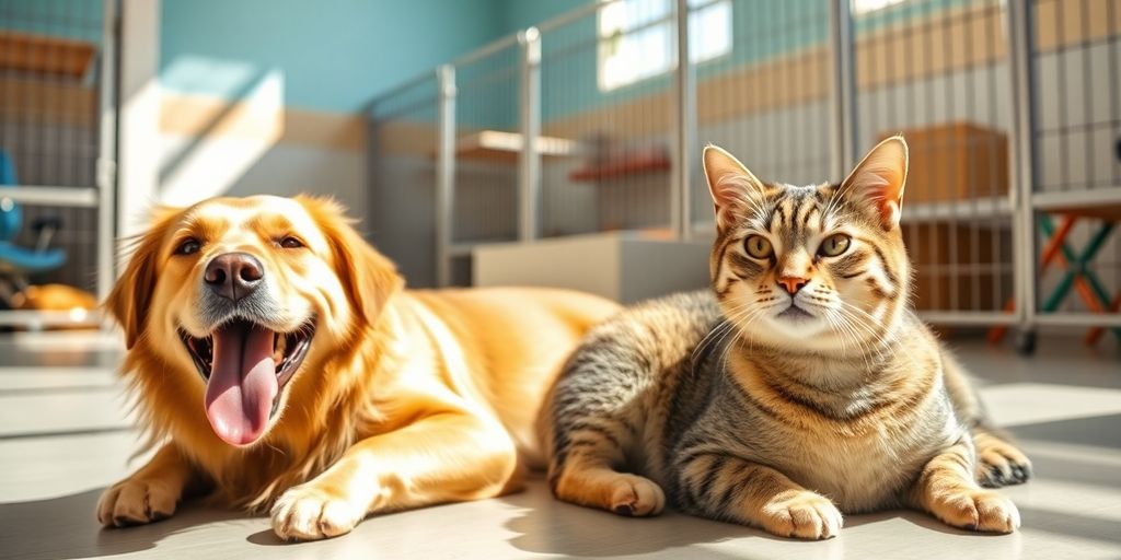 Happy dog and cat at a boarding kennel.