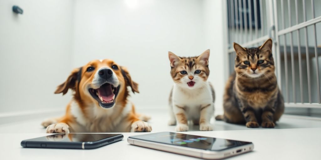 Happy dog and cat at a kennel, phone ringing nearby.