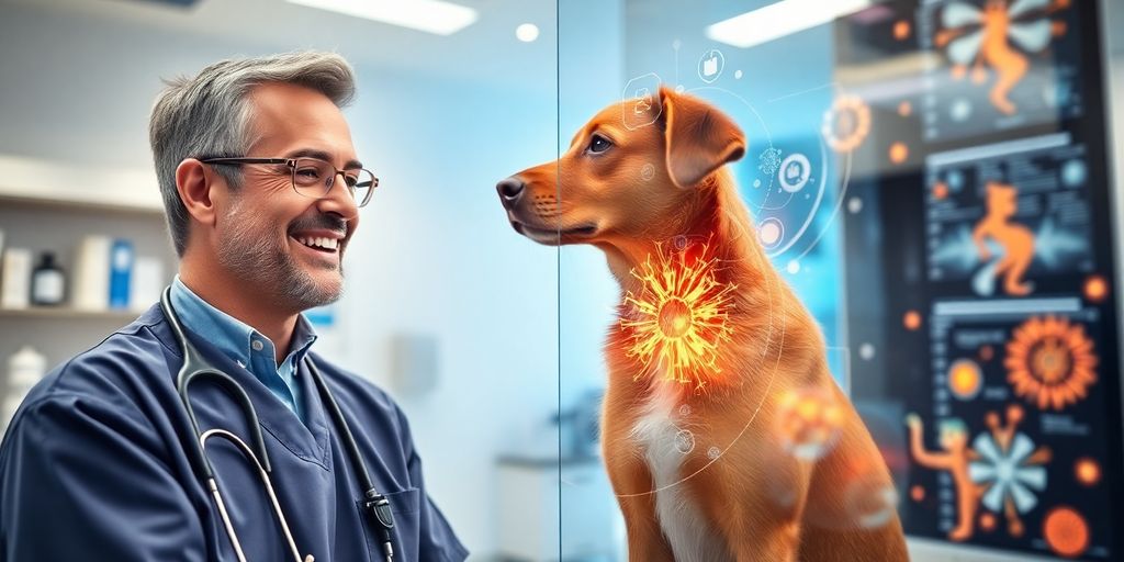 Veterinarian interacting with a futuristic AI interface.