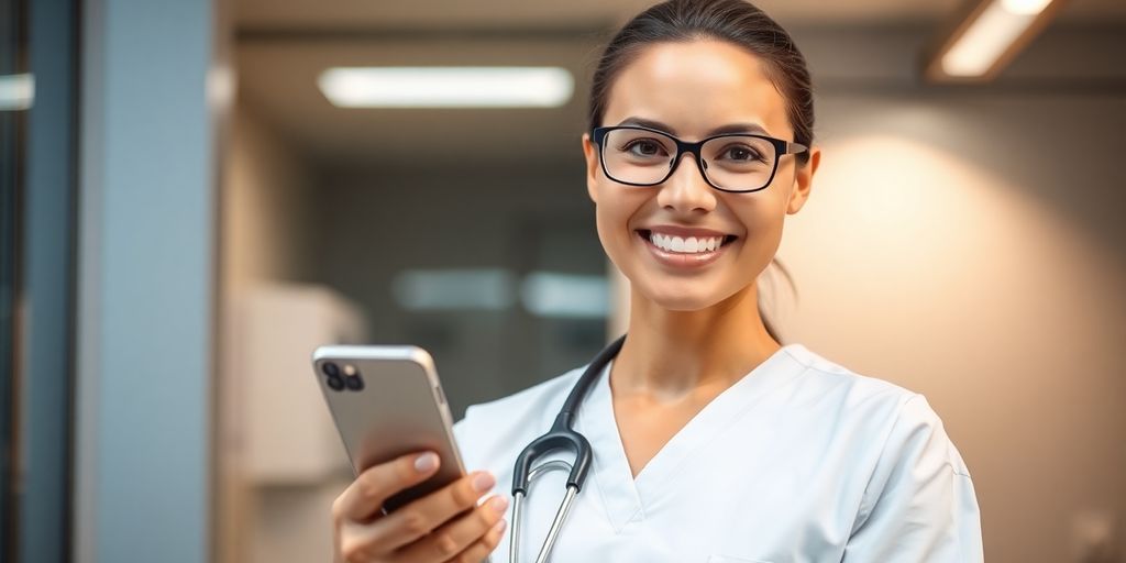 Veterinarian smiling while using a modern phone.