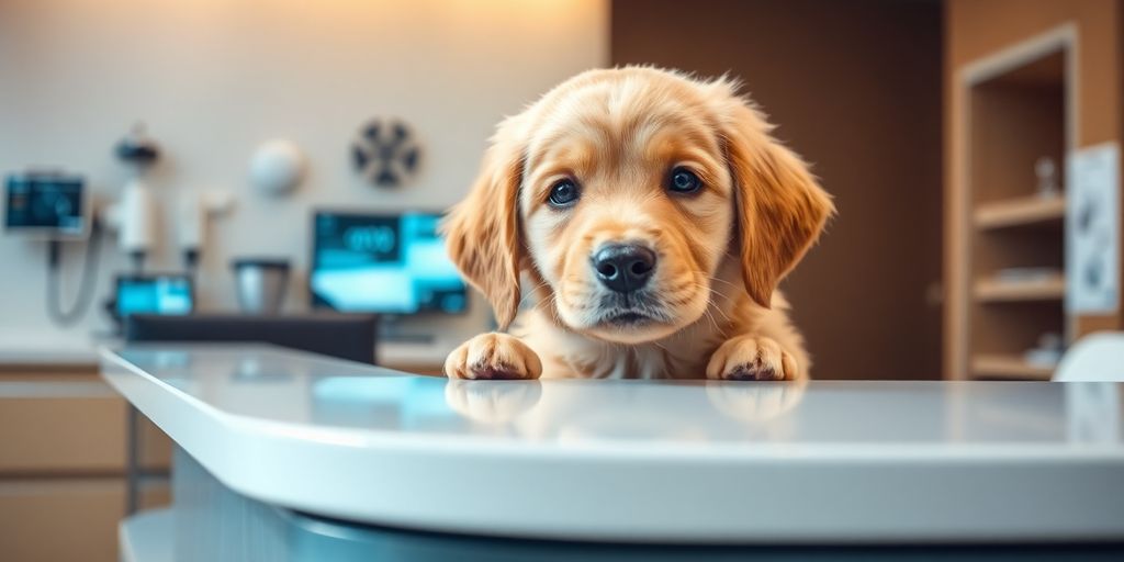 Modern veterinary clinic reception with a smiling animal.