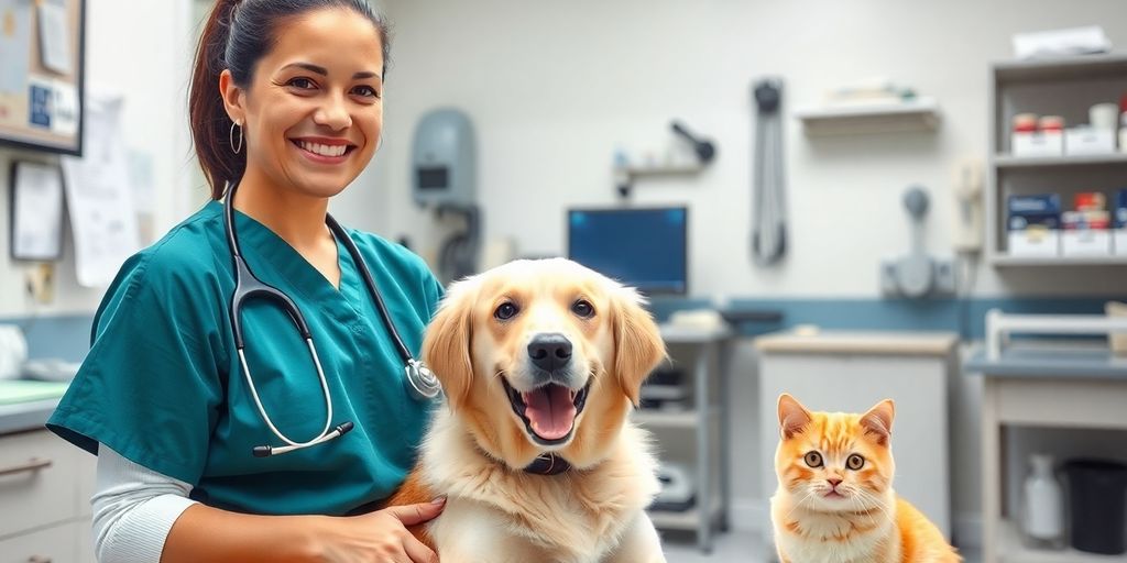 Veterinarian smiling next to a happy dog and cat.
