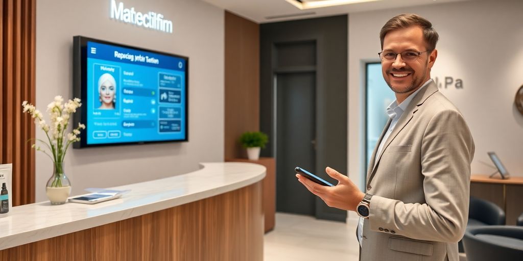 Medspa client smiling with AI assistant.