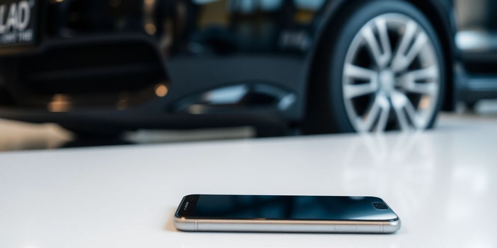 Shiny car gleams next to a subtle phone.