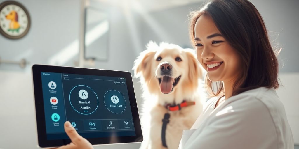 AI receptionist helping a happy dog owner.