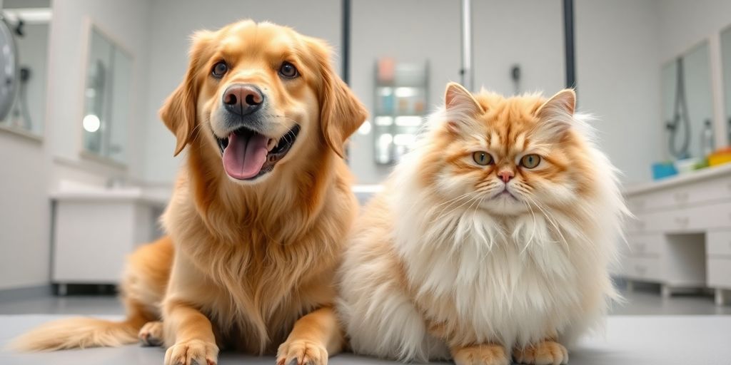 Happy dog and cat at a grooming salon.