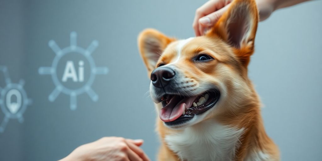 Happy dog getting groomed by AI assistant