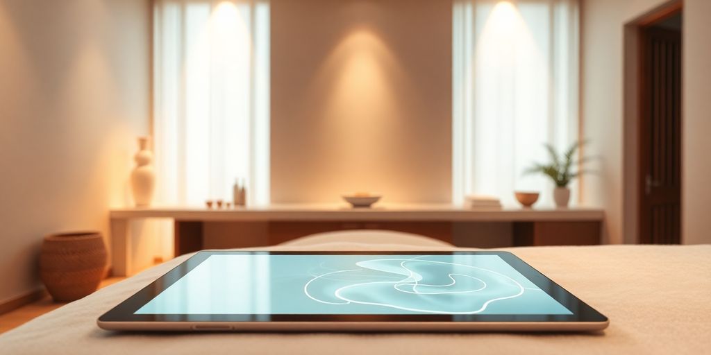 Spa room with a glowing AI interface.