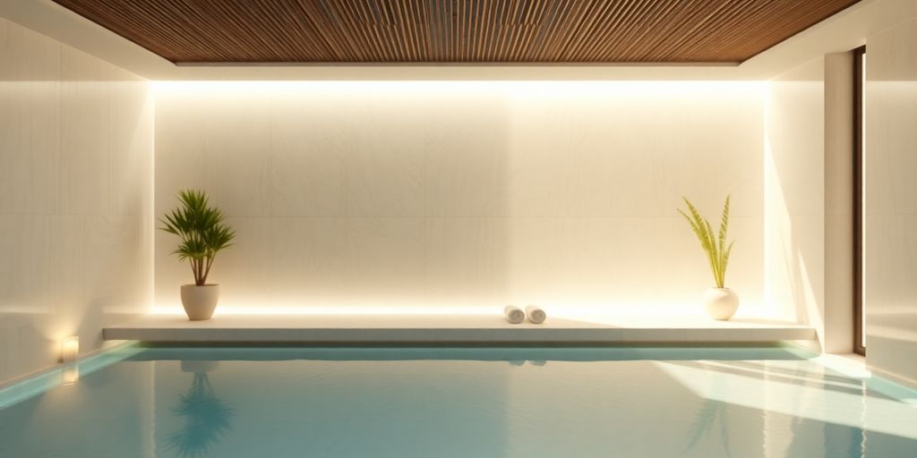 Spa interior with futuristic AI interface glowing.