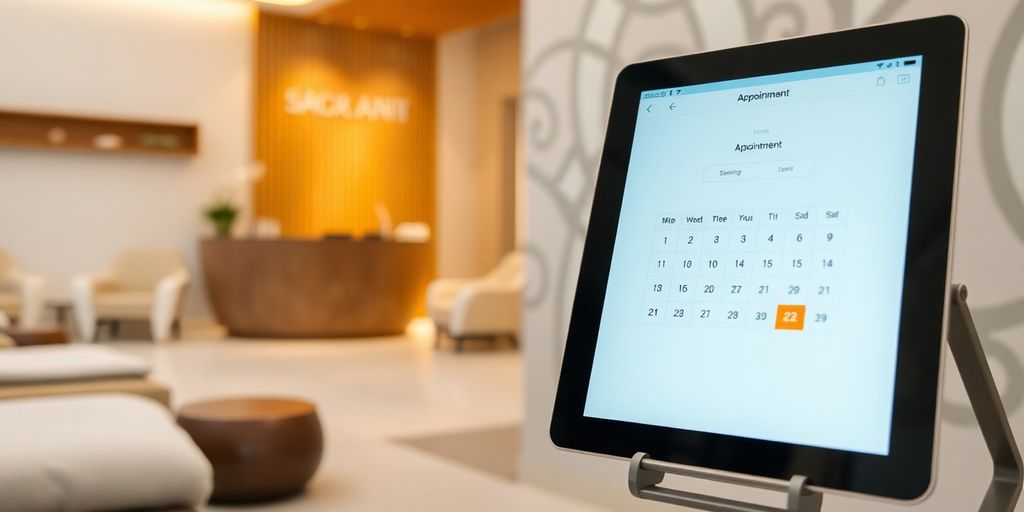 Woman smiling while using a tablet for spa appointments