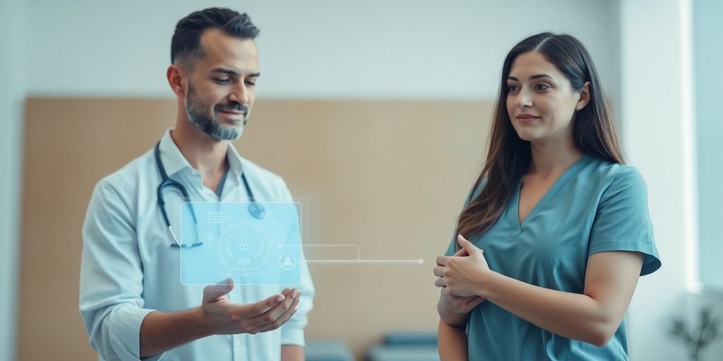 Physiotherapist interacting with a patient, technology overlay.