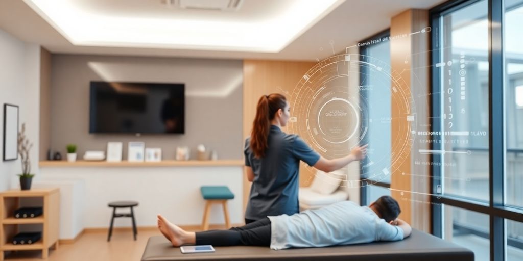 Physiotherapist interacting with patient, AI interface nearby.