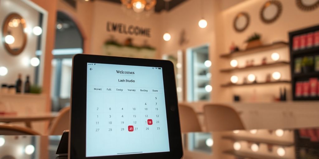 Lash artist using AI appointment setter on tablet.