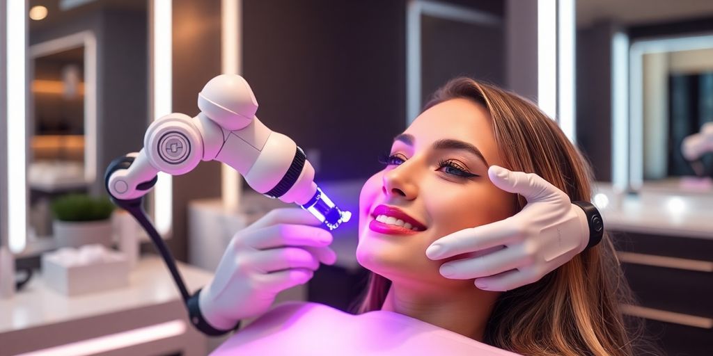 Lash artist with happy client, AI bot nearby.