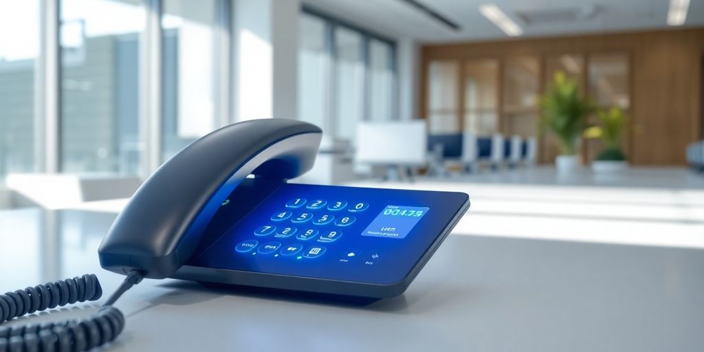 Modern office with a friendly AI voice assistant.