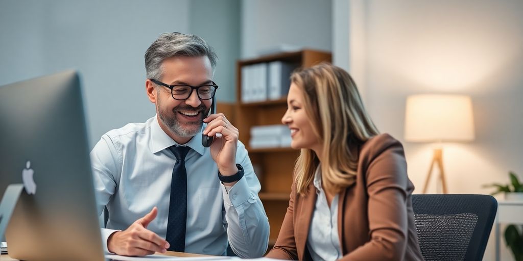 Insurance broker talking to client on phone.