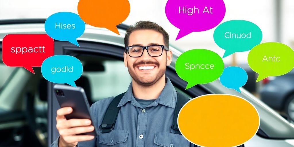 Mechanic talking on phone with multilingual speech bubbles.