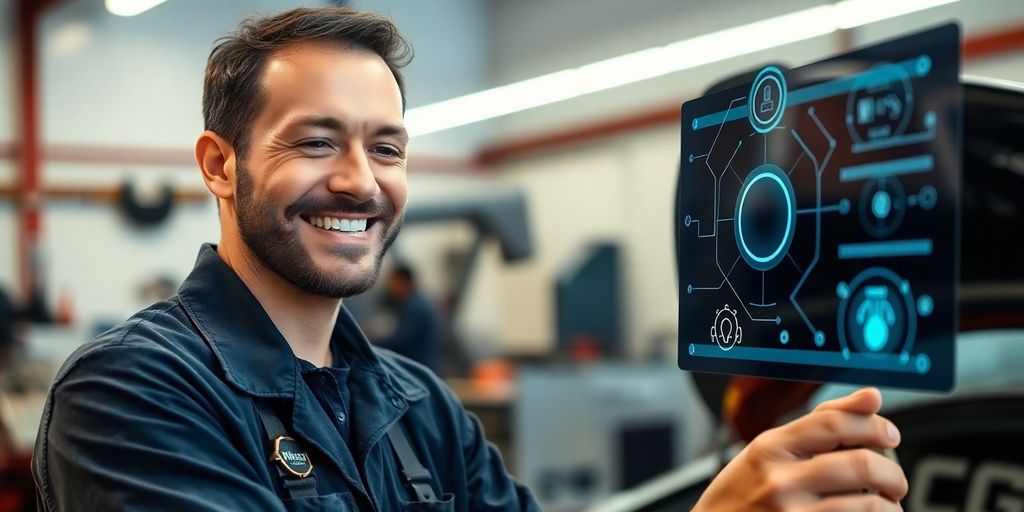 Mechanic using AI system to answer customer questions.