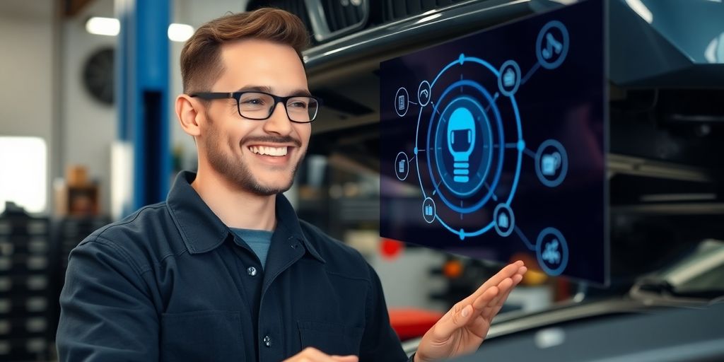 Mechanic using AI phone system for auto repair business.