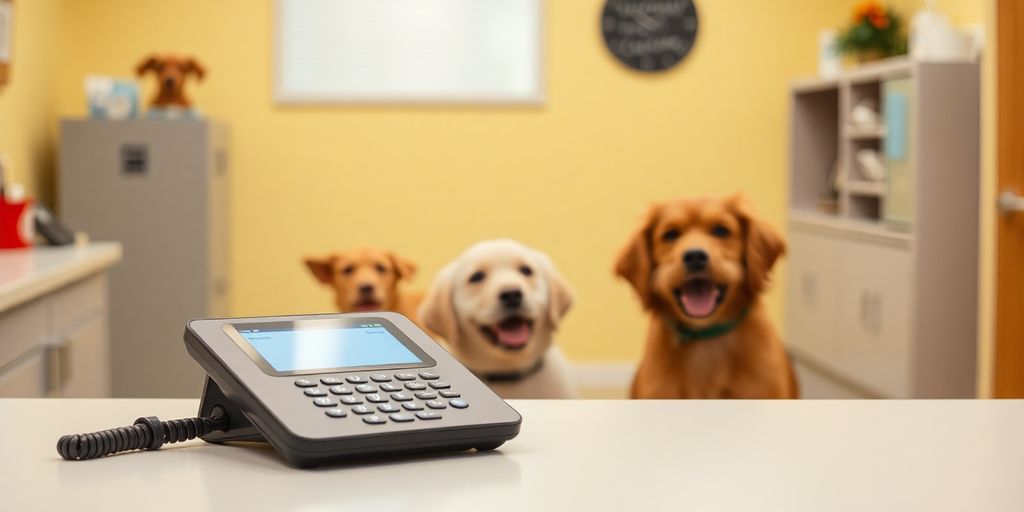 Dog daycare reception with AI phone.