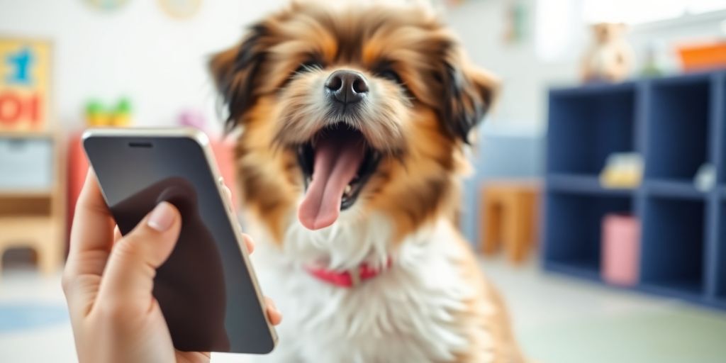 Dog happily barking into a smartphone.
