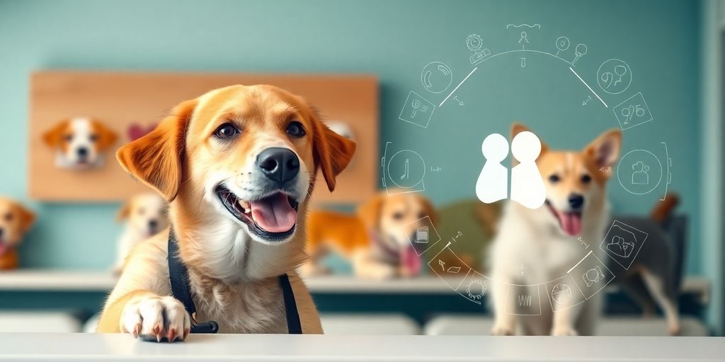 Dog daycare reception with AI interface.