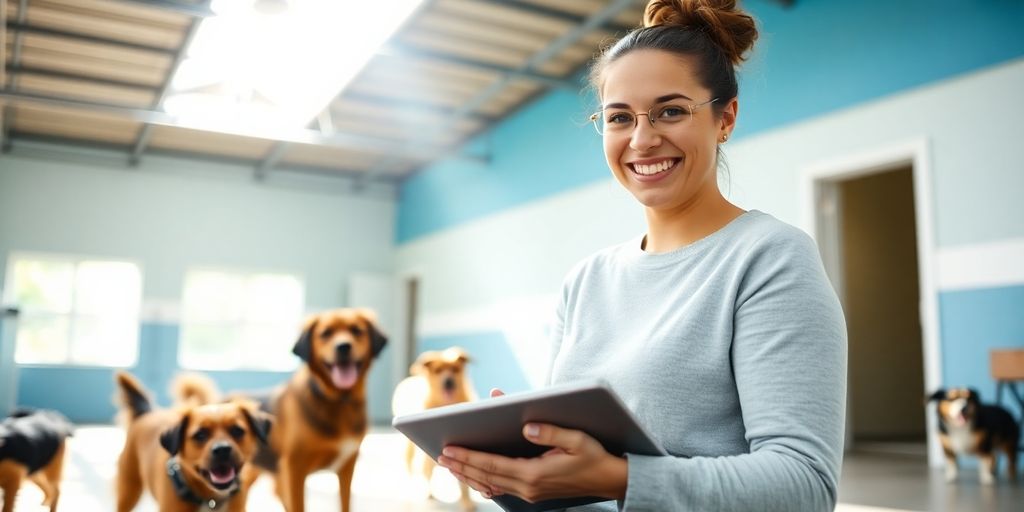 Happy dogs interacting with an AI phone system.