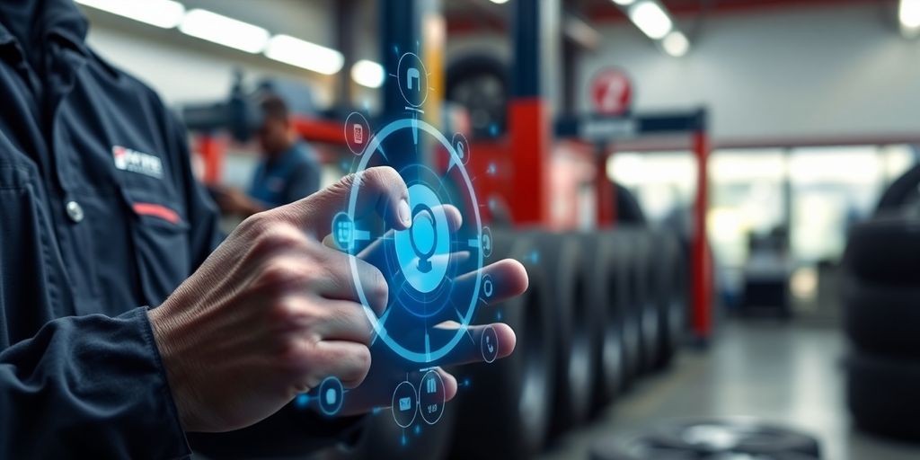 Mechanic using AI system at tire shop.