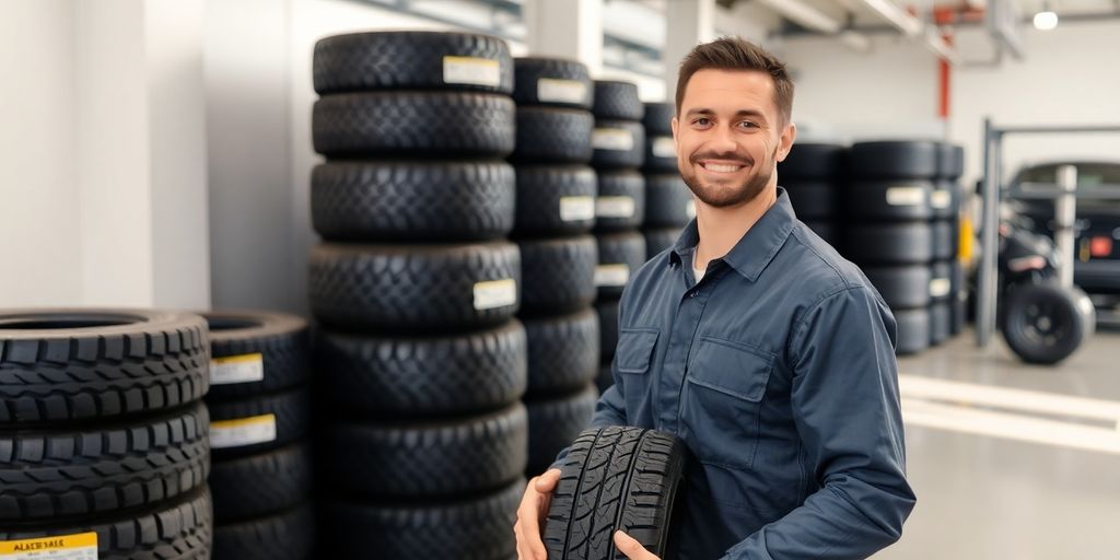 Tire shop equipment and happy customer.