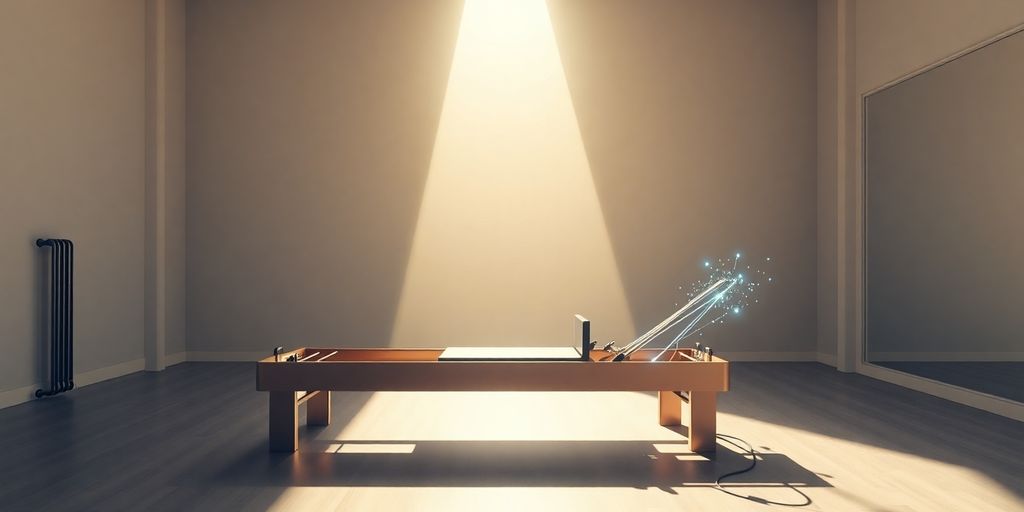 Pilates reformer with glowing AI interface.