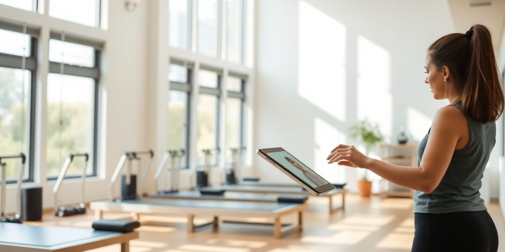 Pilates studio owner smiling, using a tablet.