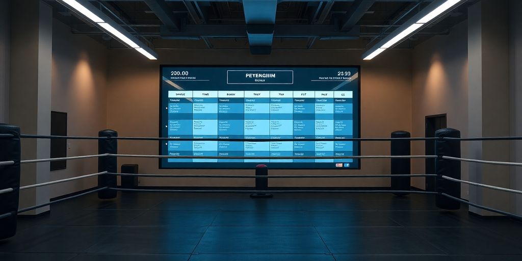 Boxing gym interior with digital schedule interface.