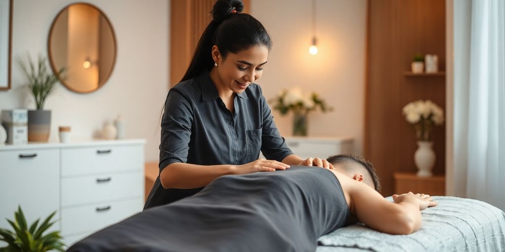Massage therapist and client smiling.