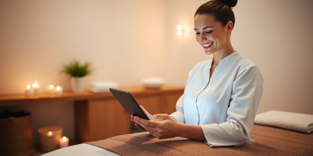 Massage therapist scheduling appointments on a digital device.