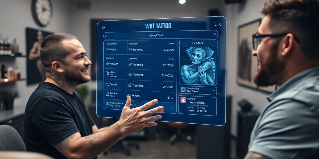 Tattoo artist consulting with client about AI appointment setter.
