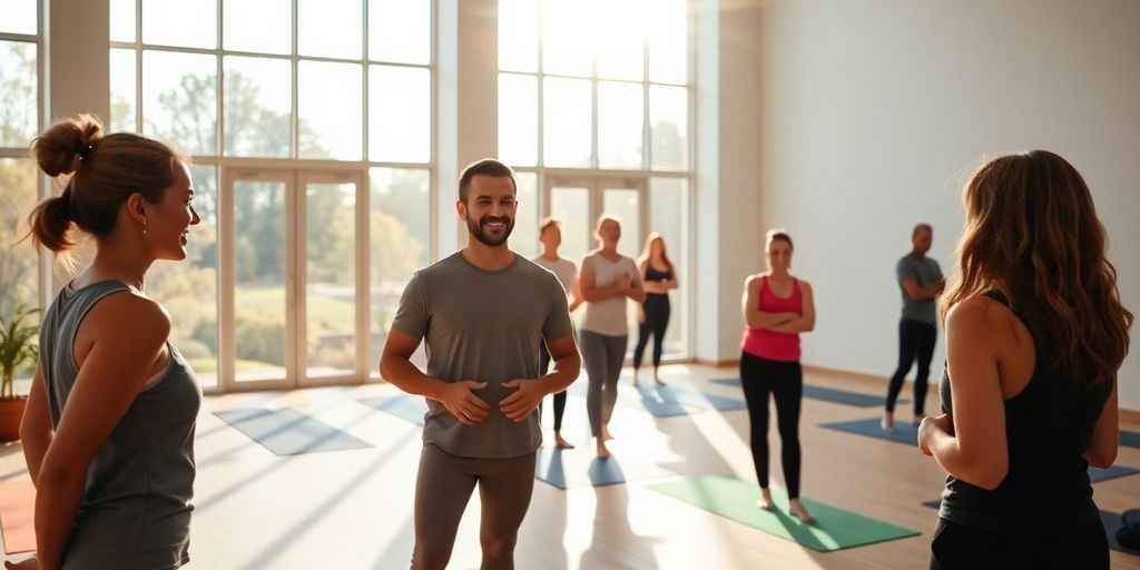 Yoga studio interior with happy clients booking appointments.