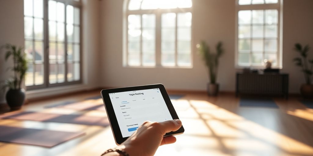 Yoga studio owner smiling, holding a tablet.