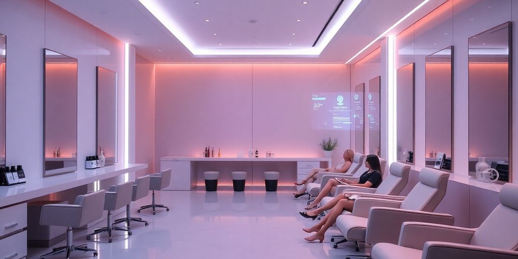Modern nail salon with happy clients and a digital interface.