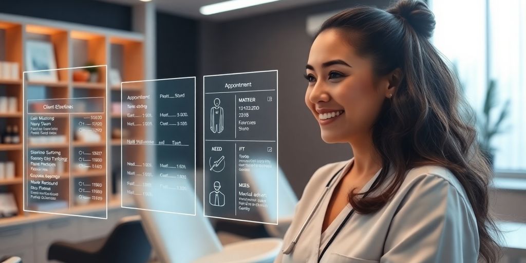 Nail technician interacting with a holographic AI interface.