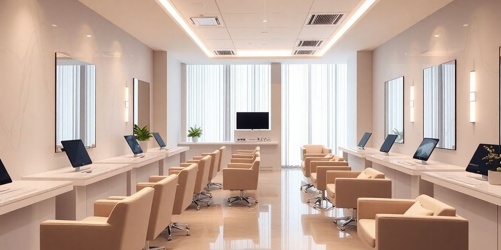 A modern nail salon with elegant chairs and manicure stations.