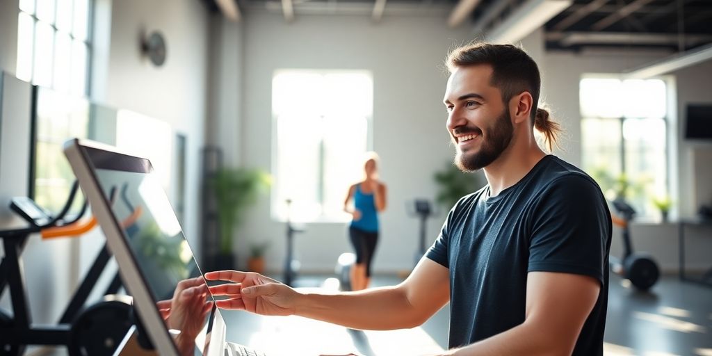 Fitness studio owner smiling with AI bot on screen