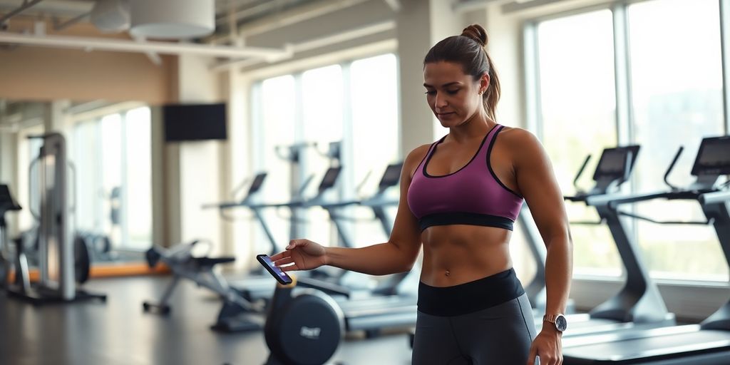Fitness studio interior with a person using a tablet.