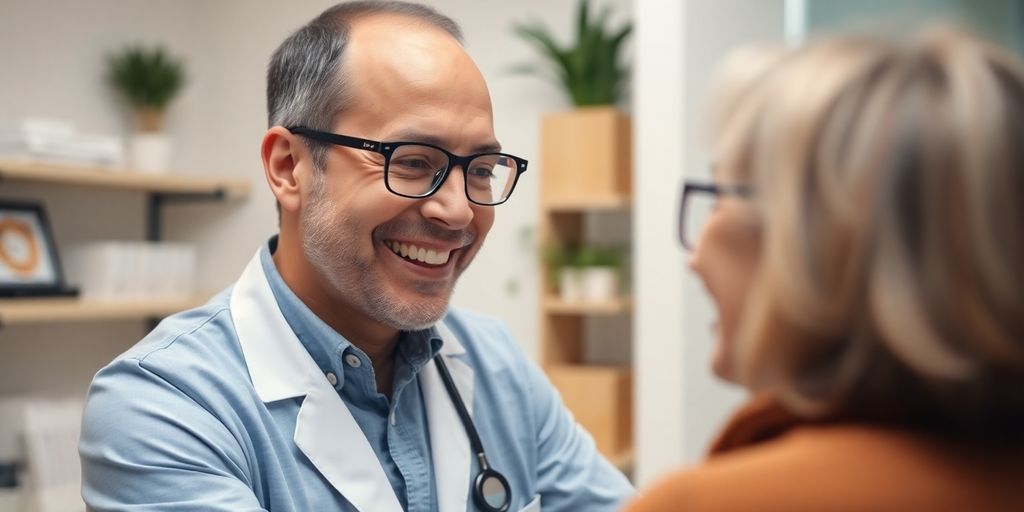 Optometrist talking with patient, AI bot visible