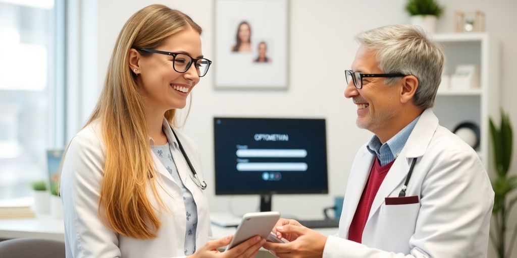 Optometrist smiling, patient booking appointment on device.