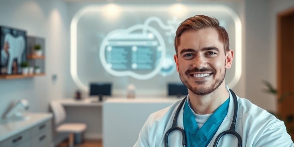 Dentist smiling near a modern AI appointment interface.