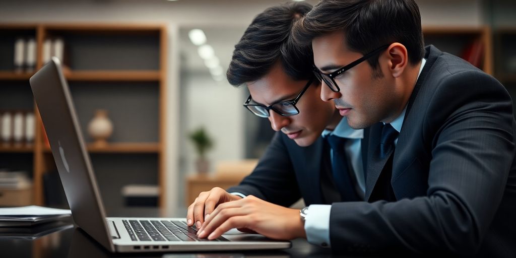 Lawyer working with AI on laptop.