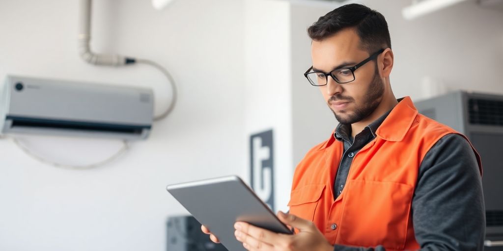 HVAC technician looking at a tablet.