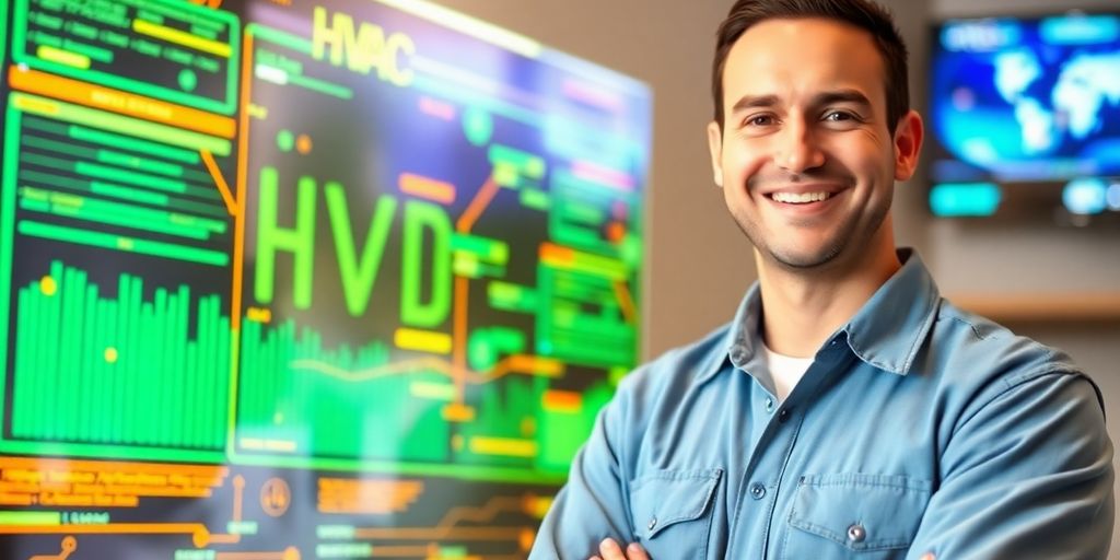 HVAC technician smiling with AI interface