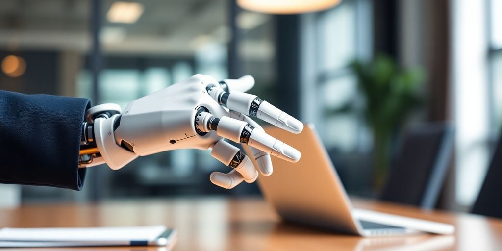 Lawyer shaking hands with AI chatbot.