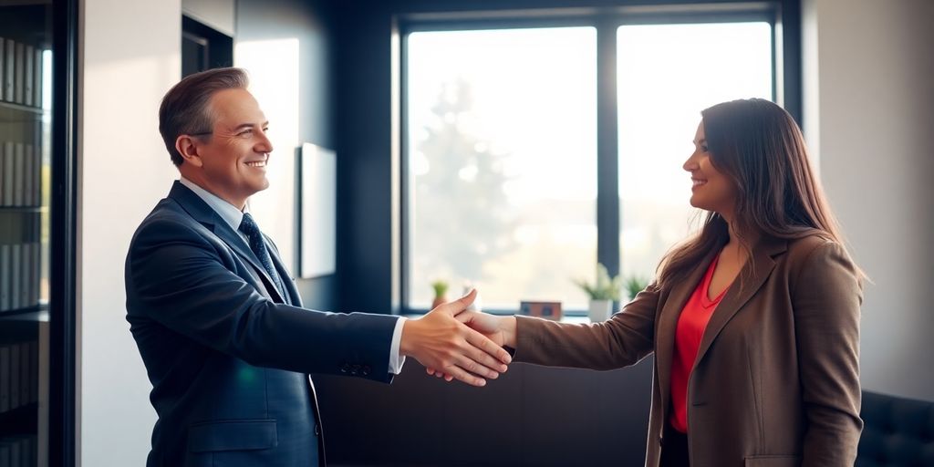 Lawyer shaking hands with a happy client.